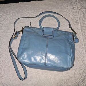 HOBO Medium Sachtel Purse Bag  Crossbody, Light Blue Polished Leather